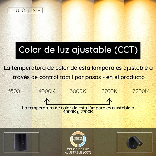 Lucide TONI - Foco de pared / Lámpara de pared Recargable - Batería/acumulador - Ø 8,1 cm - LED Regul. - CCT - 1x2W 2700K/4000K - Sensor movimiento (desactivable) - Magnético - Negro - USP
